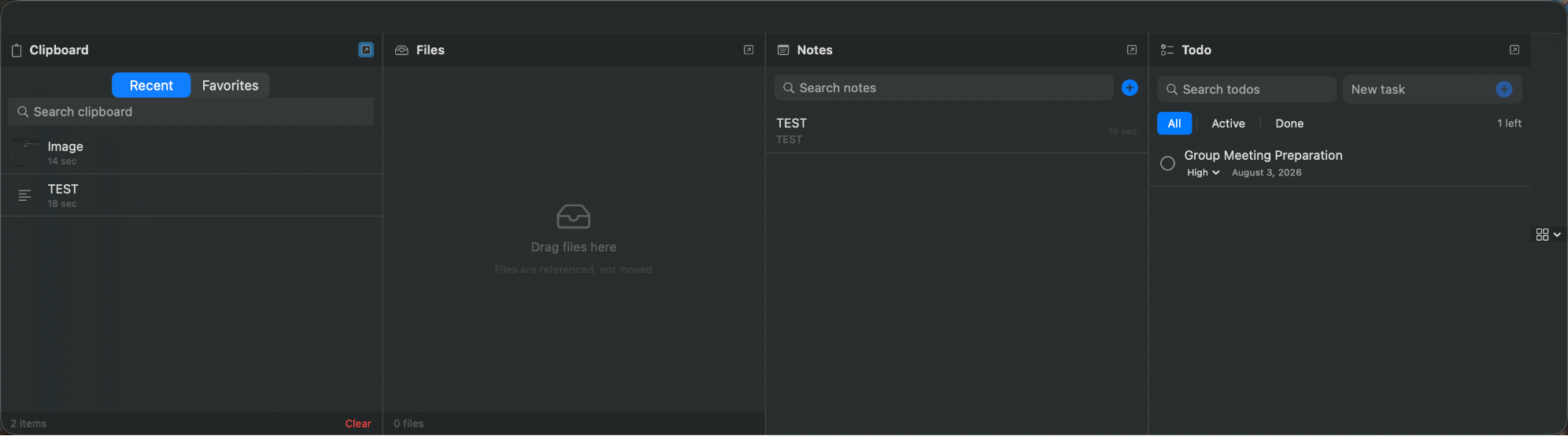OverShelf drawer showing clipboard, files, notes and todo panels